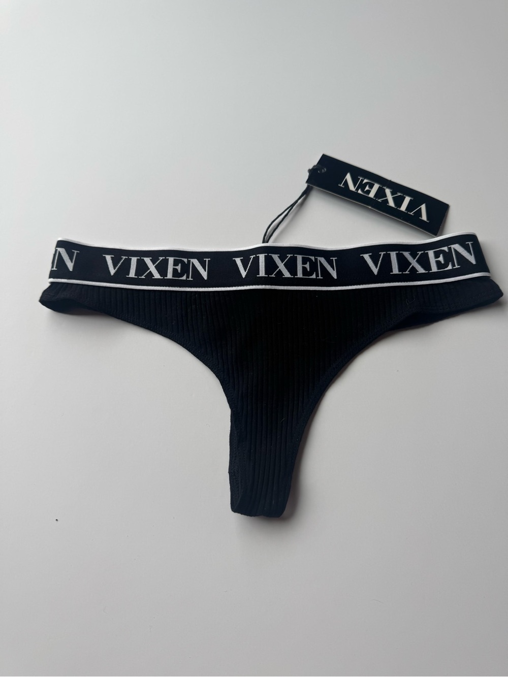 VIXEN Black Ribbed Thong with Branded Elastic Waistband